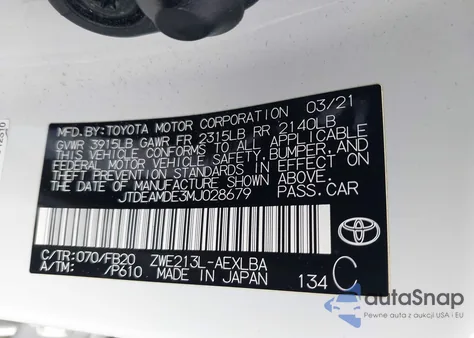 2021 Toyota Corolla Le z USA, uszkodzony, nr VIN JTDEAMDE3MJ028679